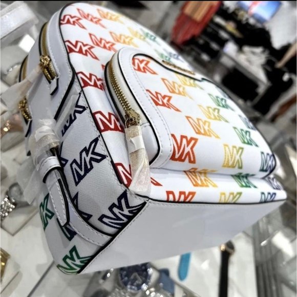 Michael Kors Backpack Jaycee Medium MK Signature Rainbow Optic White NWT - Picture 6 of 12